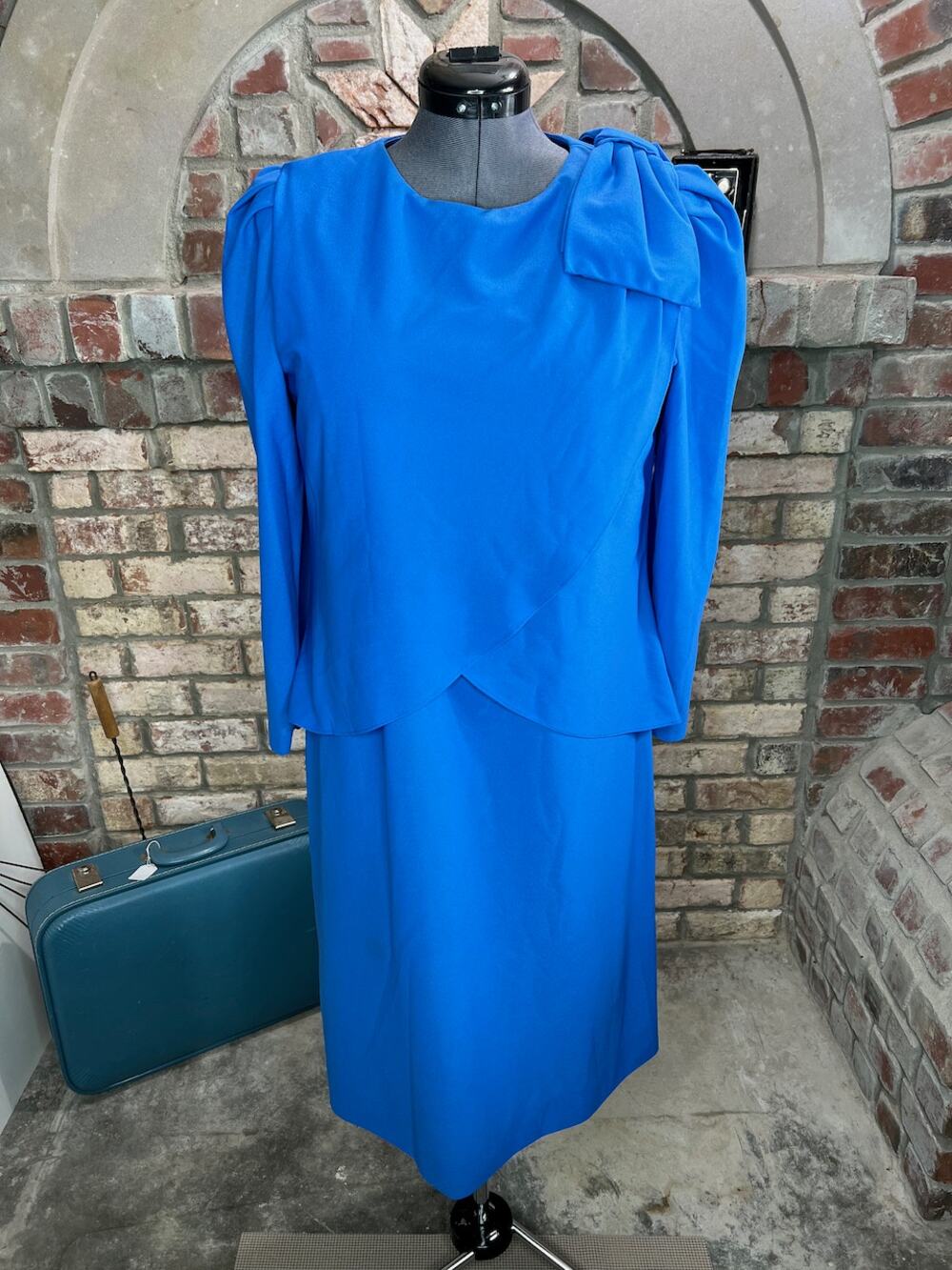 Dress sheath big bow puff sleeves blue long sleeve